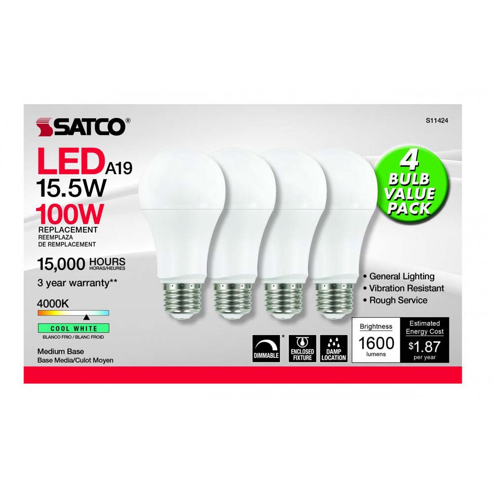 4Pk - Satco 15.5w 120v A19 LED E26 Medium Base 1600 Lumens 4000k Cool White