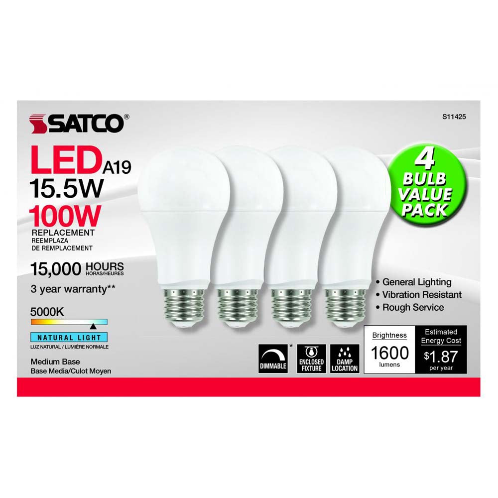 4Pk - Satco 15.5w 120v A19 LED E26 Medium Base 1600 Lumens 5000k Natural Light