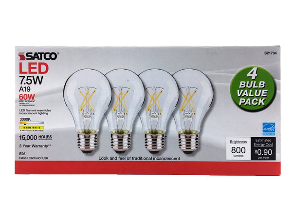 4PK - Satco S21734 - 7.5W A19 LED; Clear; Medium base; 3000K; 120V; 4 ...