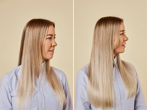 Hårförläning före och efter på kvinna med blont hår