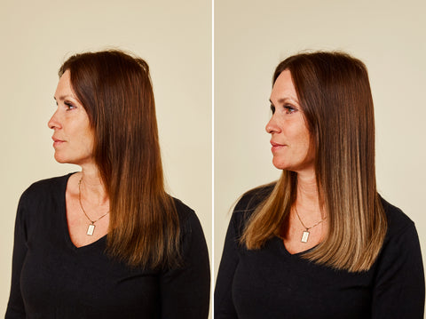 Hårförläning före och efter på kvinna med mörkt hår
