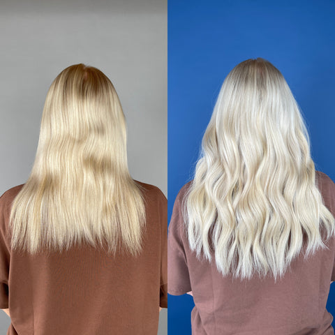 Hårförlängning före och efter på kvinna med ljusblont hår
