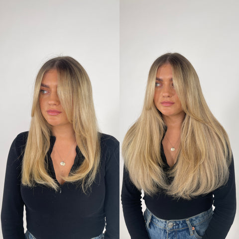Hårförlängning före och efter på en kvinna med blont hår