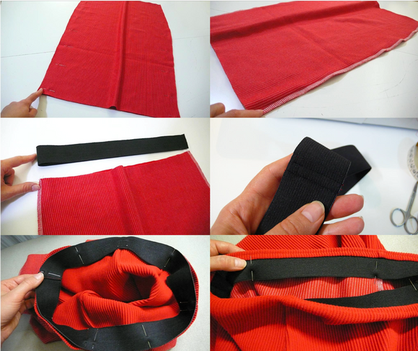 Step-by-step photos showing how to sew the side seams of a Bodycon Pencil Skirt and how to add the elastic band to the waist.