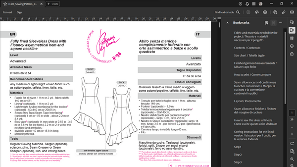 Screenshot of the first page of the sewing instructions for the sewing pattern N.98.