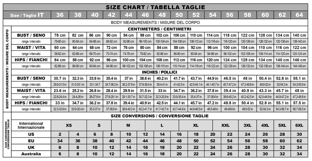 Italian size chart with conversions 