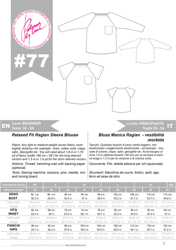 Digital Sewing Pattern N.77 - Relaxed Raglan Sleeve BLOUSE