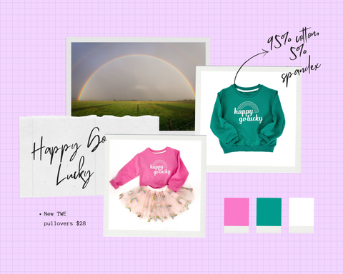 Happy go lucky white print on bubblegum pink sweatshirt and green pullover 