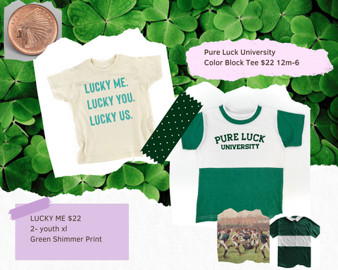 Lucky me lucky you lucky us tee natural with green metallic print and a rugby inspired pure luck university tee shirt