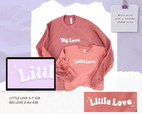 Matching mommy and me mauve colored sweatshirts that say big love and little love