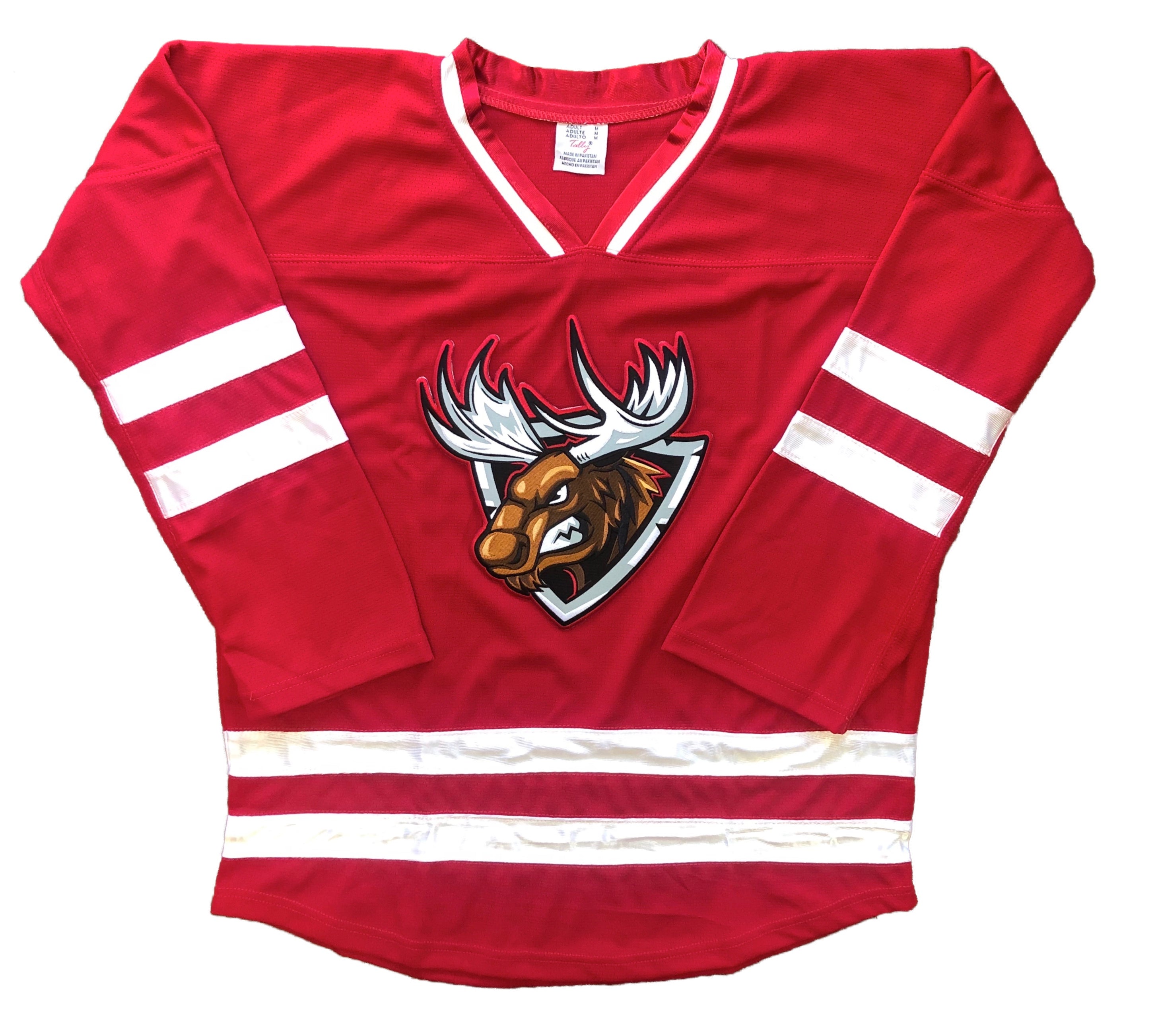 Custom Hockey Jerseys with a Red and White Moose Twill Logo