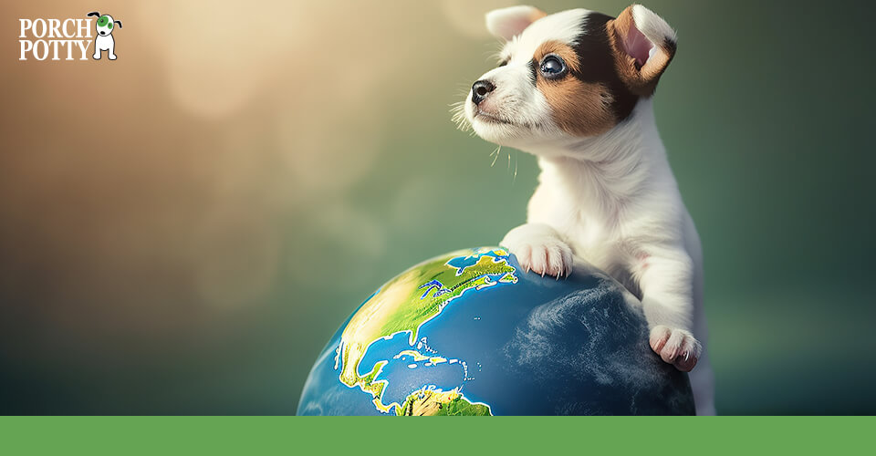 A Jack Russell Terrier pup stands over a fully decorated Earth globe