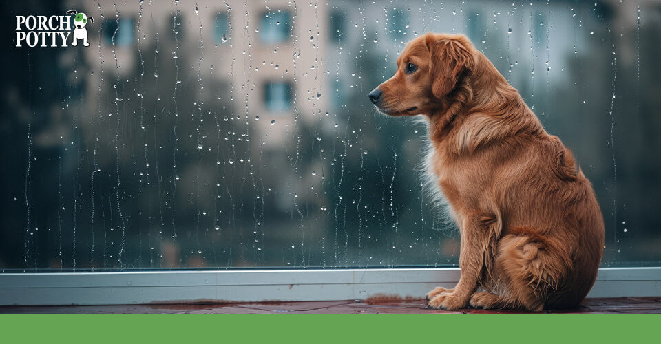 An Irish Setter sits on a hardwood floor staring out at the rain