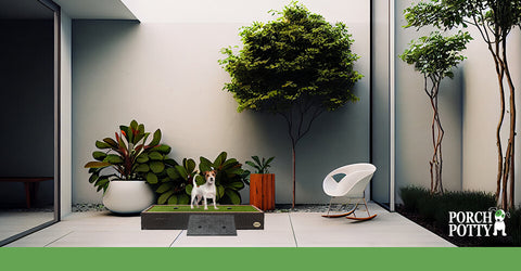 A dog stands on a Porch Potty set up in a modern living space