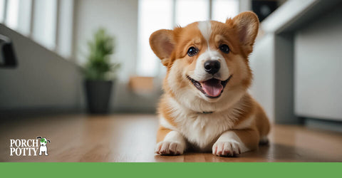 A Corgi lays down on hardwood floors