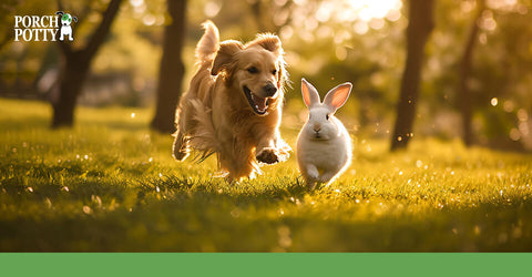 A Golden Retriever puppy runs through a field beside a white bunny