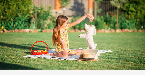 A white puppy sits on its back legs as a girl offers a treat from an Easter basket