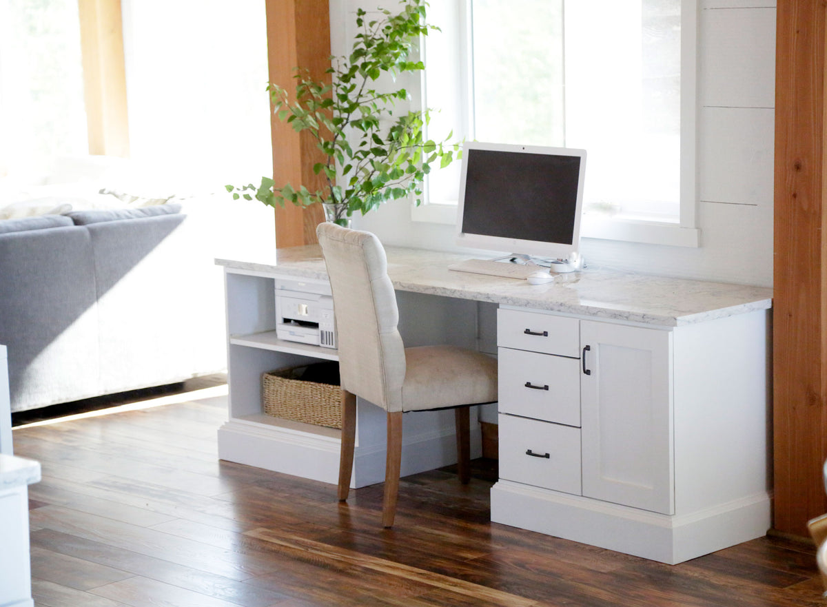 Custom Office Desk Bases with Quartz Top Shelf Help