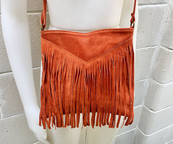 Cross body bag. BOHO suede leather bag in dark beige with FRINGES. Lar –  Handmade suede bags by Good Times Barcelona