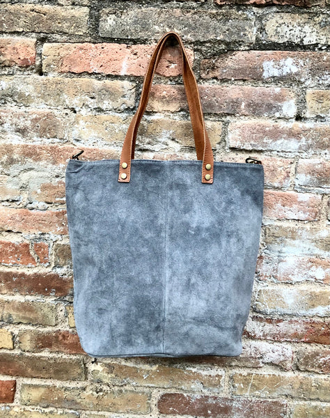 Large TOTE leather bag in light GRAY. Soft natural suede bag