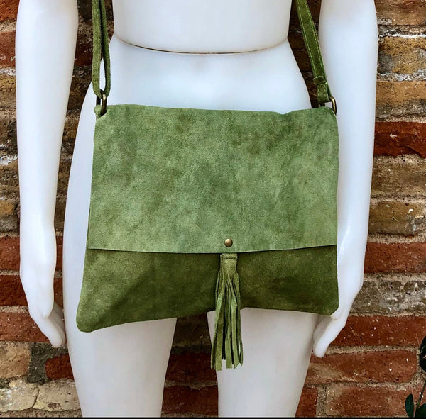 Moss Green Suede Leather Medium Convertible Foldover Crossbody 