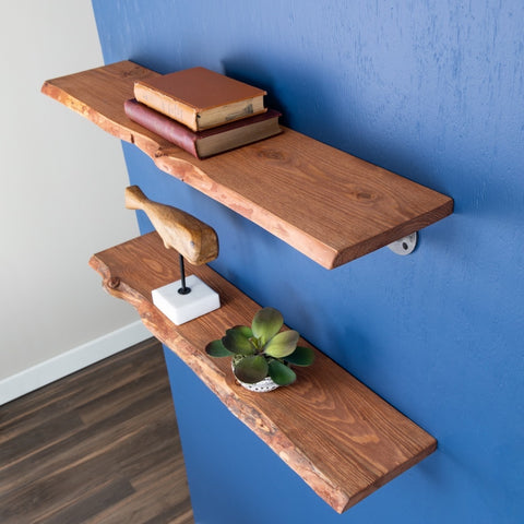 Image of two rustic wooden floating shelves on a blue wall, decorated with books, a decorative bird, and green plants, showcasing an elegant and minimalistic home decor style.