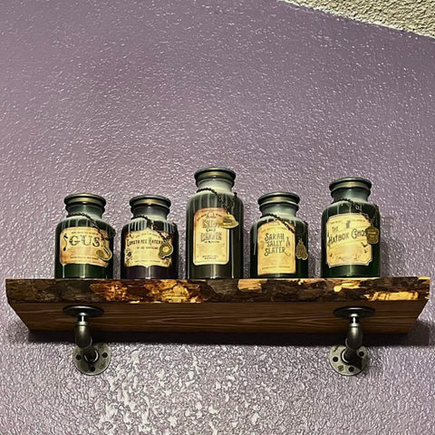 Image of a pipe shelf displaying jars and containers of condiments and ingredients.