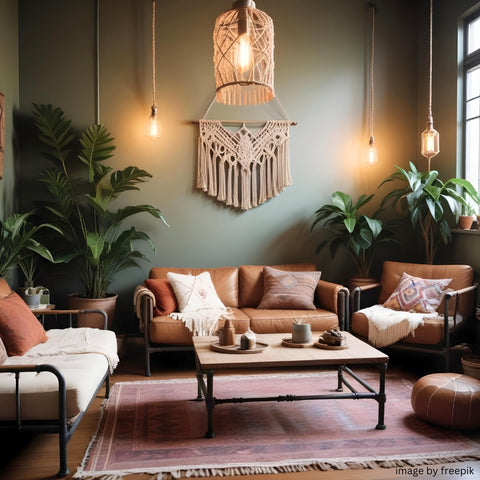 Stylish living room with a blend of industrial and boho elements featuring a leather sofa, macramé wall decor, and a coffee table with pipe legs.