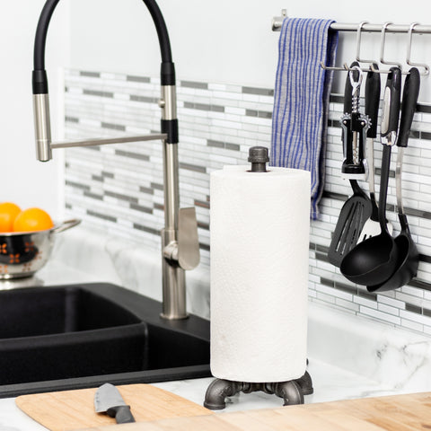 Stylish kitchen featuring a PIPE DECOR® paper towel holder, enhancing the space with practical kitchen hacks for a clutter-free countertop.