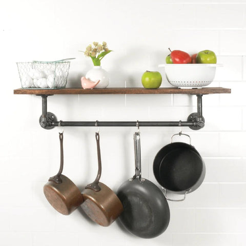 Image of a rustic PIPE DECOR® shelf displaying kitchen items, with hooks holding pans, ideal as a practical Mother's Day gift.