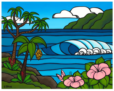 Tropical surf art painting showing Cresting wave, pink hibiscus, and lush foliage by Heather Brown.