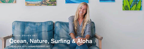 photo of modern surf artist heather brown in her gallery in Kapaa kauai Hawaii 