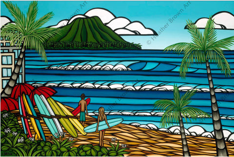 Heather Brown Surf Art painting depicting a couple on the beach in Waikiki about to paddle out to go surfing with Diamond Head in the background