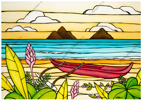 painting of a beach with a Hawaiian canoe in the foreground and the ocean with two Islands in the background