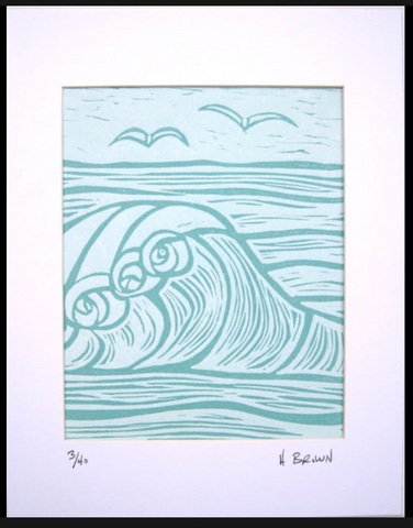 linocut surf art print by heather brown of big wave breaking with light turquoise background and dark turquoise lines