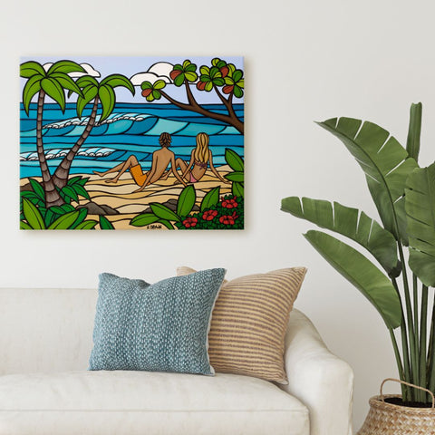 canvas painting of heather brown surf art showing waves, pink flowers, green mountains and a banana tree