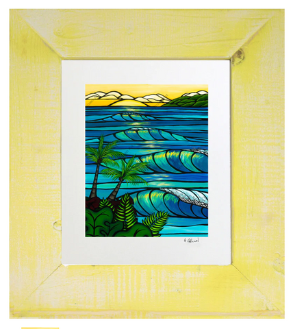 Print art framed of waves rolling towards beach during colorful sunset by heather brown