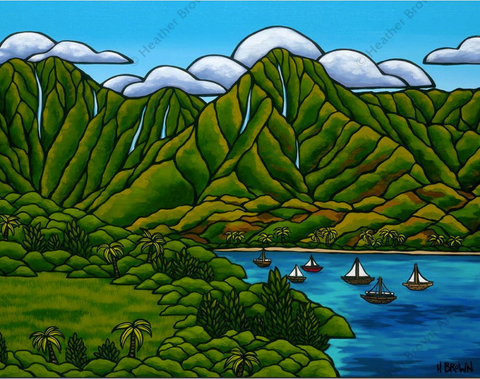 Tropical painting by Hawaii surf artist Heather Brown of sailboats in Hanalei Bay on Kaua'i