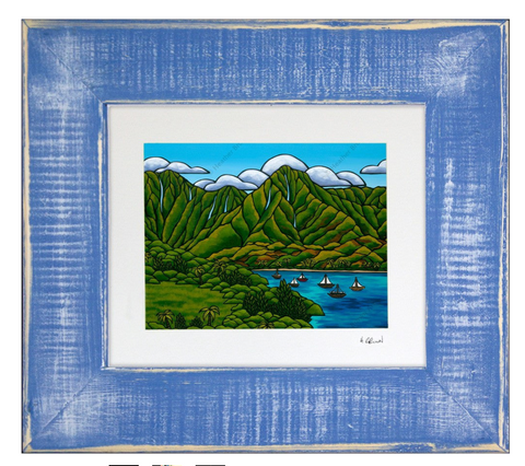 Framed art print of sailboats at Hanalei Bay by Hawai'i surf artist Heather Brown