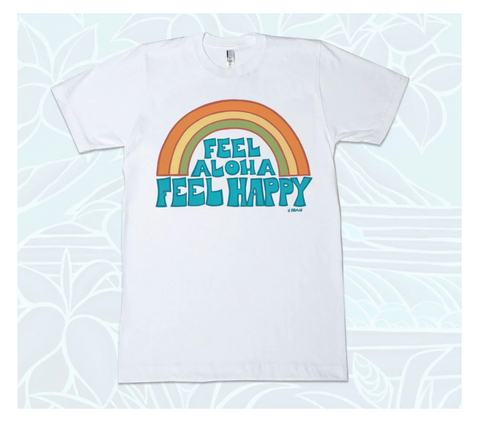 tee shirt by Heather Brown with rainbow and wording feel Aloha feel happy