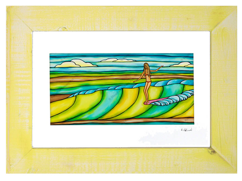 surfing girl on greenish wave framed print by Heather Brown Surf Art