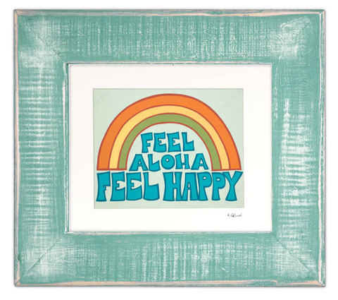 framed surf art print by heather brown with rainbow and feel Aloha feel happy words