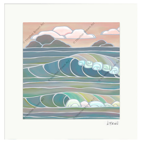 heather brown tropical beach art print with pastel waves and two islands in the background