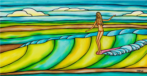 heather brown painting of surf girl on greenish waves