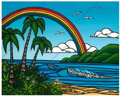 Heather Brown painting of beach and ocean with waves a rainbow and palm trees with flowers