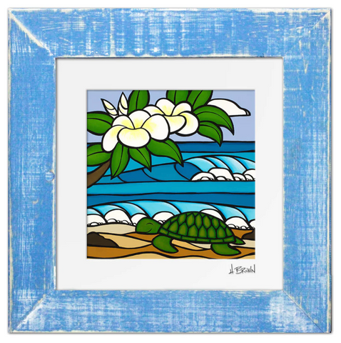 framed heather brown print sea turtle, waves, beach plumeria flowers