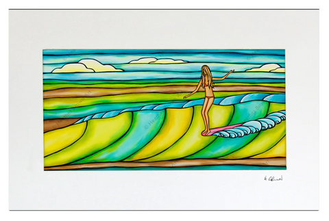 heather brown surf art print surf girl on greenish tint wave