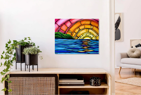 surf art with colorful sunset shown displayed in house