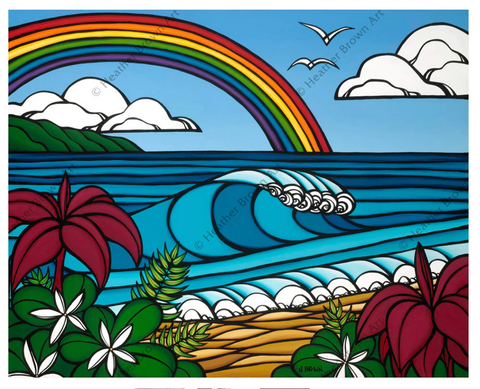 art print of rainbow over ocean with flowers and fauna by heather brown