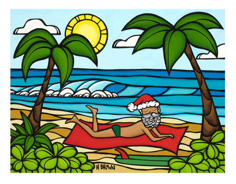 Santa relaxing on Hawaiian beach in bathing suit painting by heather brown